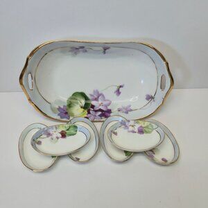 Vintage Nippon Floral Relish dish & condiment salt set hand painted purple viole